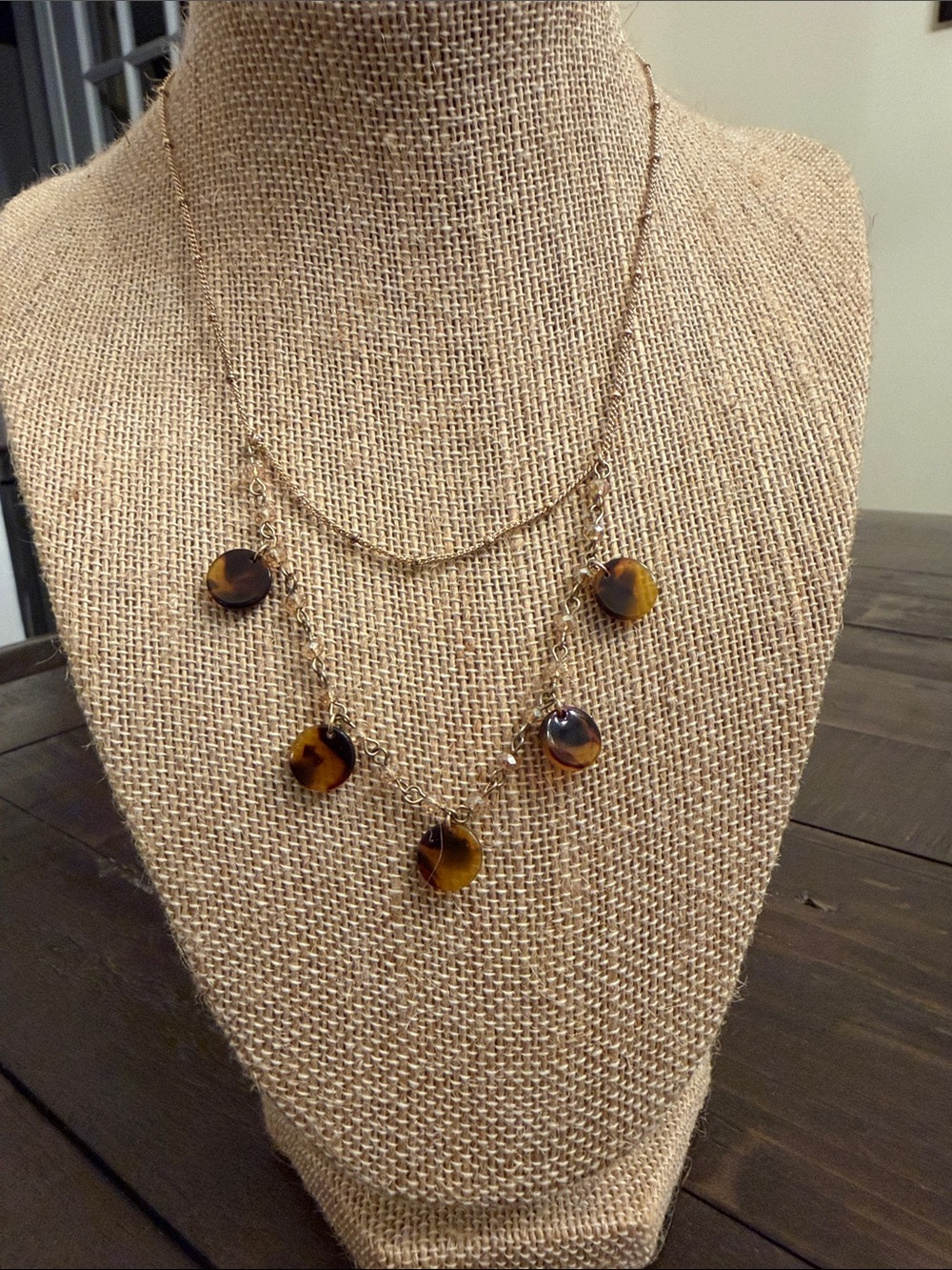 Gold Chain Necklace with Tortoiseshell Discs - Women Jewelry